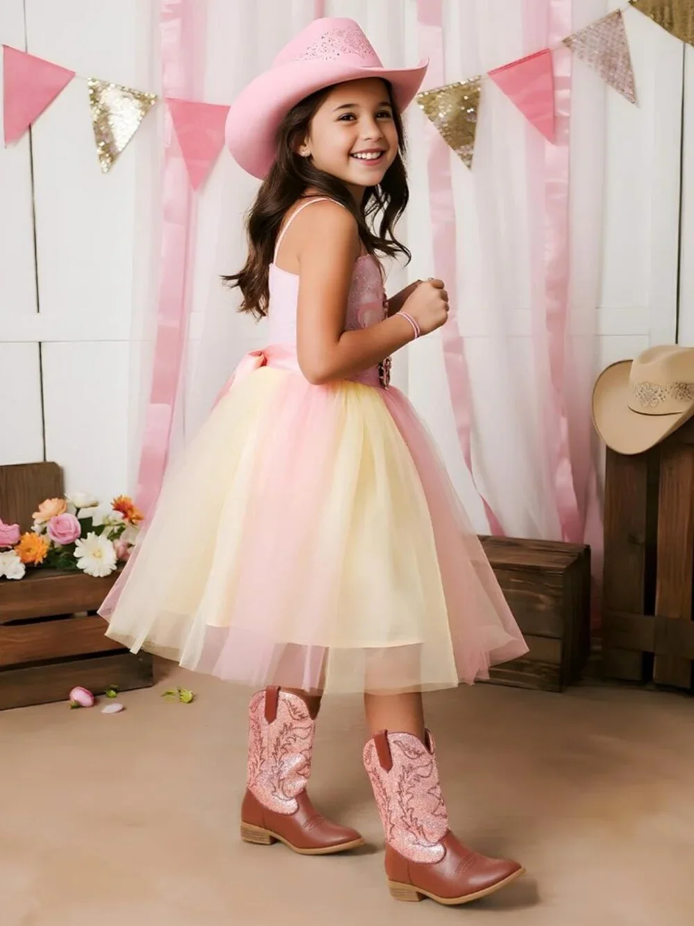 Dream Pairs Girls Pink/Brown Embroidered Cowgirl Stylish Girls Mid Calf Shoes